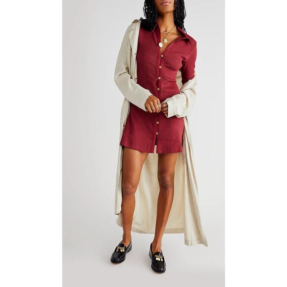 Free People Sunday Dreaming Mini Dress XS Red Collared Shirt Dress Boho Cottage - Picture 1 of 13